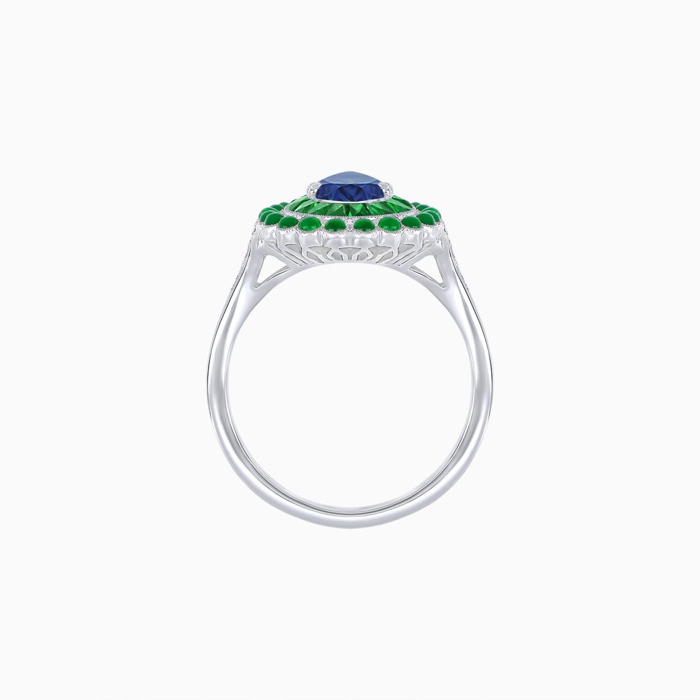 Vintage Style Pear Shape Mosaic Ring with French-Cut and Cabochon Borders - Shahin Jewelry