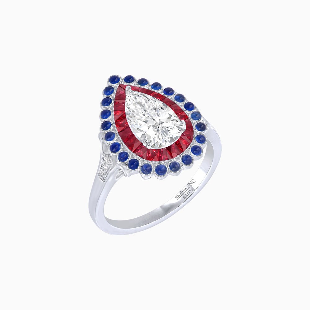Vintage Style Pear Shape Mosaic Ring with French-Cut and Cabochon Borders - Shahin Jewelry