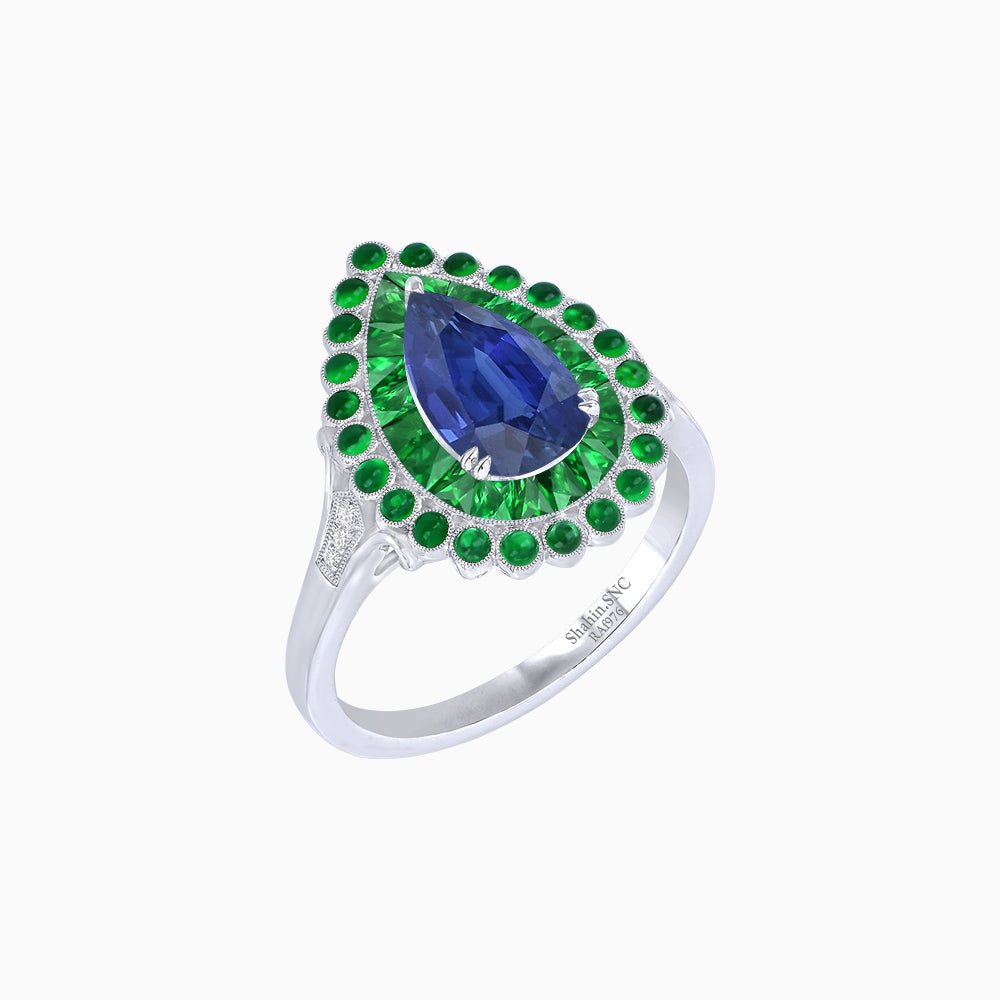 Vintage Style Pear Shape Mosaic Ring with French-Cut and Cabochon Borders - Shahin Jewelry