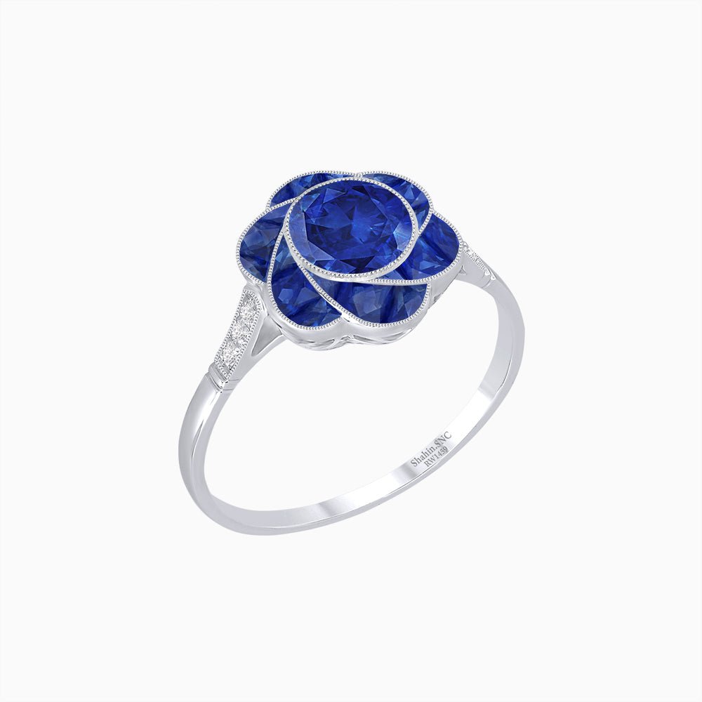 VVintage Inspired Floral Calibré-Cut Gemstone Petal Halo Ring - Shahin Jewelry