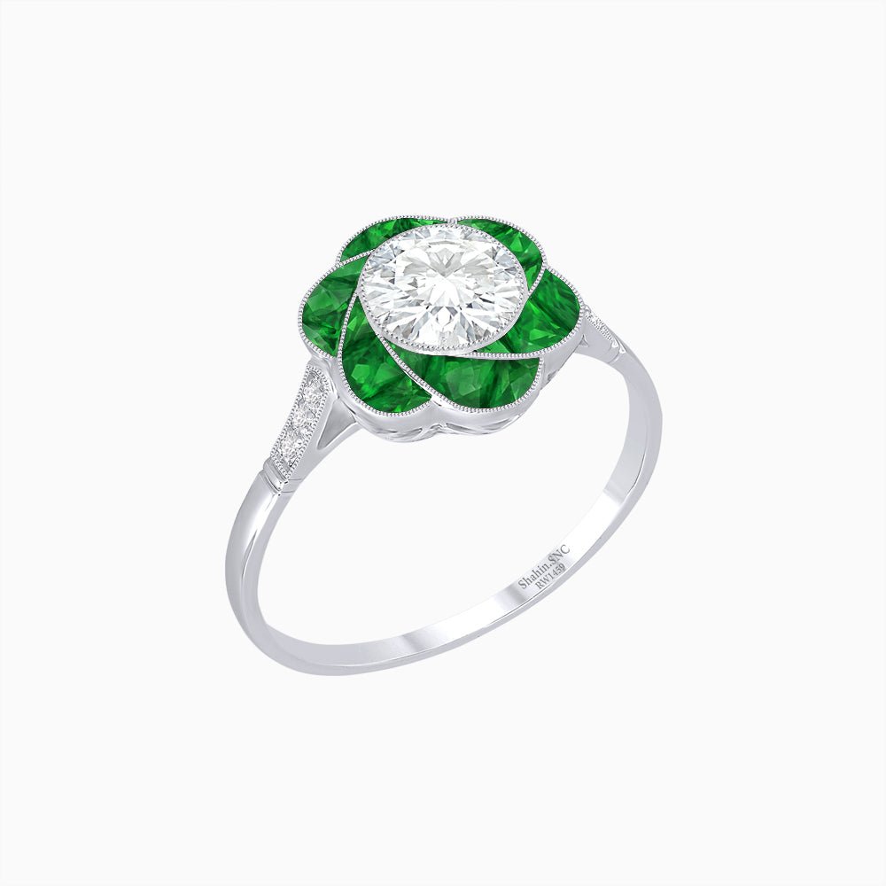 VVintage Inspired Floral Calibré-Cut Gemstone Petal Halo Ring - Shahin Jewelry