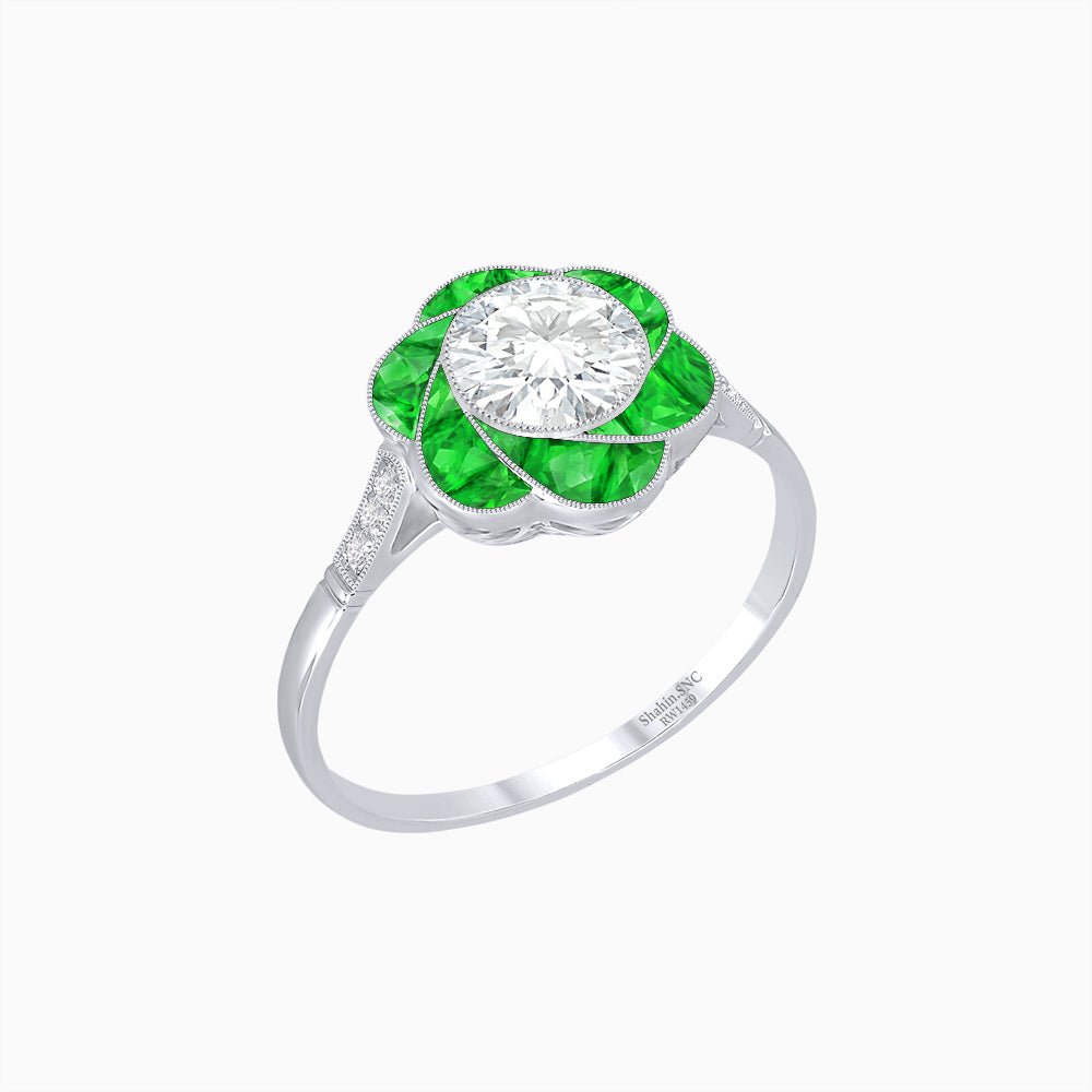 VVintage Inspired Floral Calibré-Cut Gemstone Petal Halo Ring - Shahin Jewelry