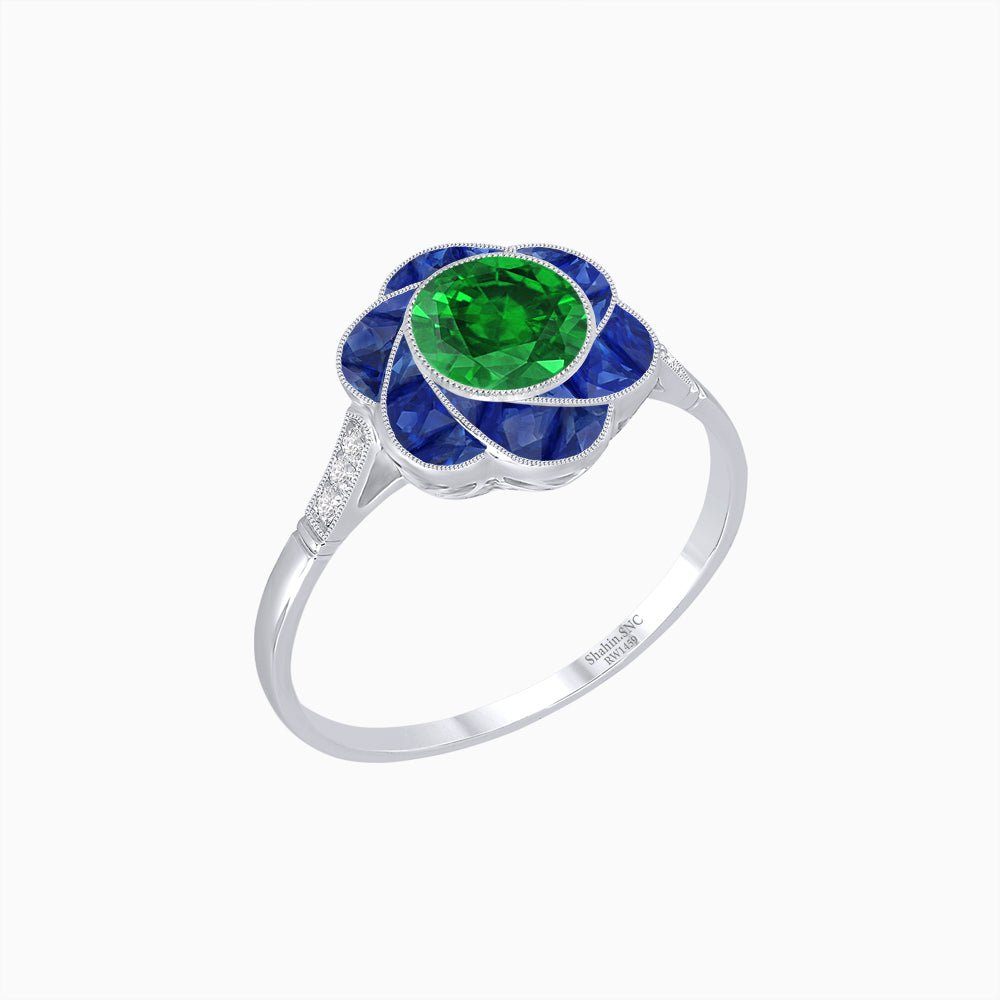 VVintage Inspired Floral Calibré-Cut Gemstone Petal Halo Ring - Shahin Jewelry