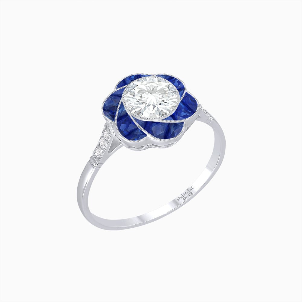 VVintage Inspired Floral Calibré-Cut Gemstone Petal Halo Ring - Shahin Jewelry