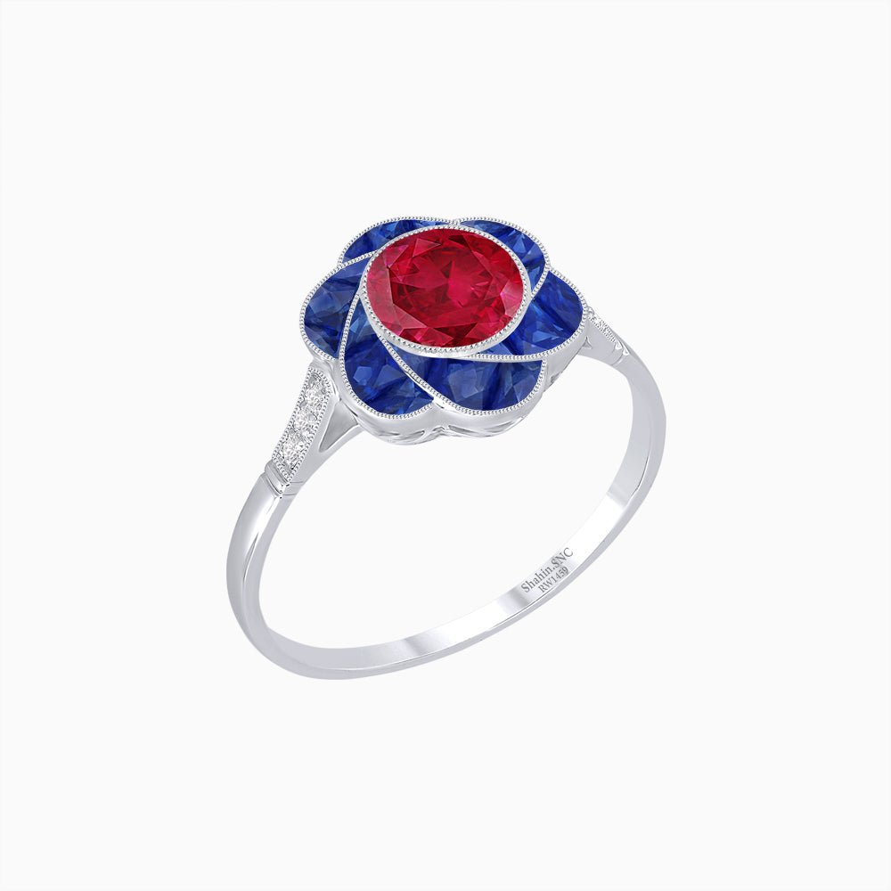 VVintage Inspired Floral Calibré-Cut Gemstone Petal Halo Ring - Shahin Jewelry