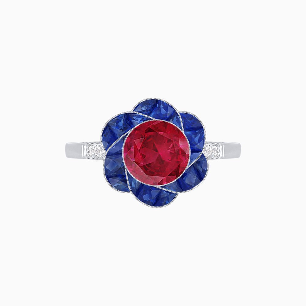 VVintage Inspired Floral Calibré-Cut Gemstone Petal Halo Ring - Shahin Jewelry