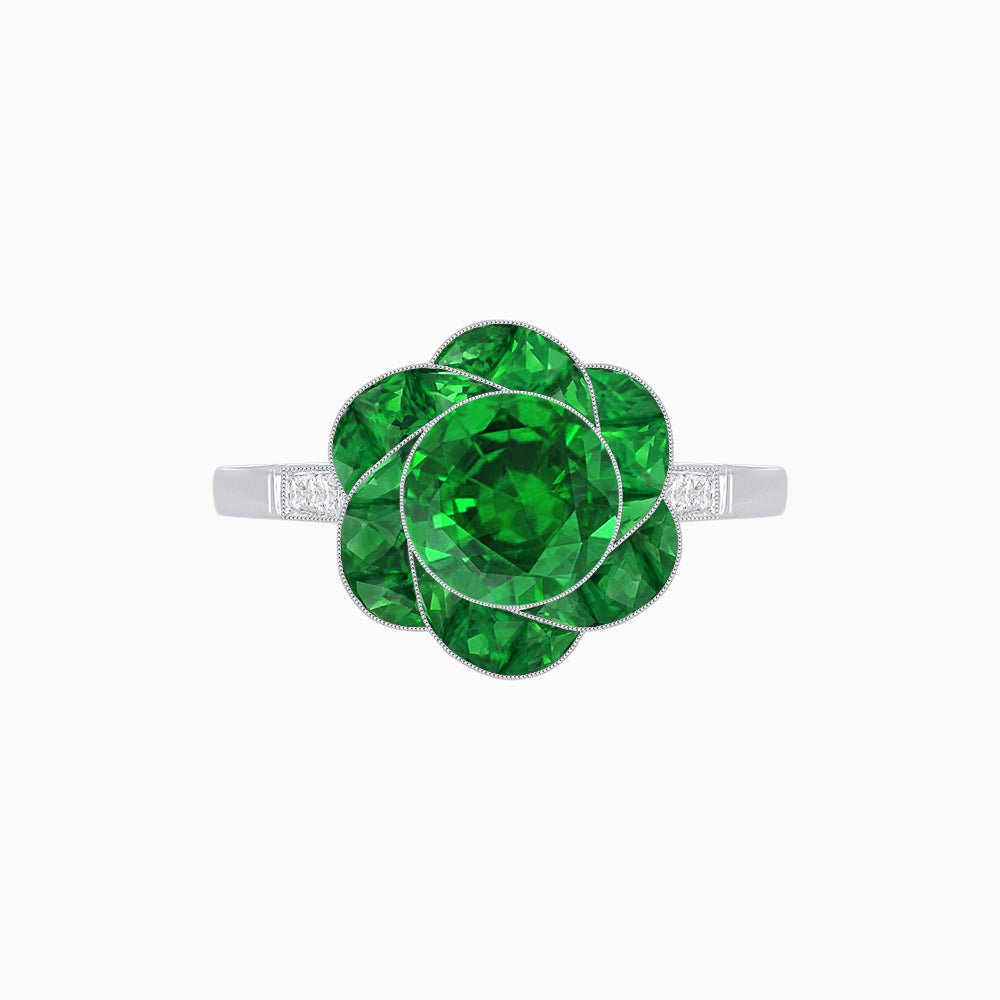 VVintage Inspired Floral Calibré-Cut Gemstone Petal Halo Ring - Shahin Jewelry