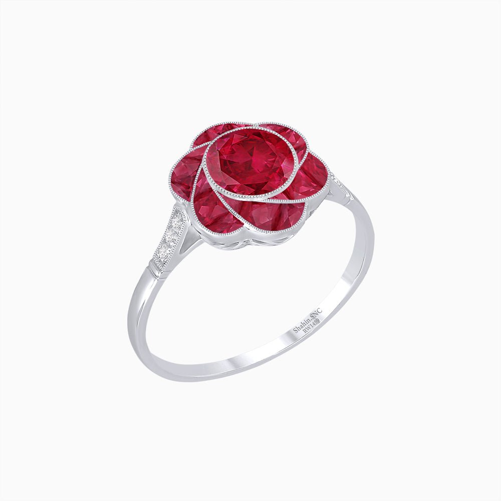VVintage Inspired Floral Calibré-Cut Gemstone Petal Halo Ring - Shahin Jewelry