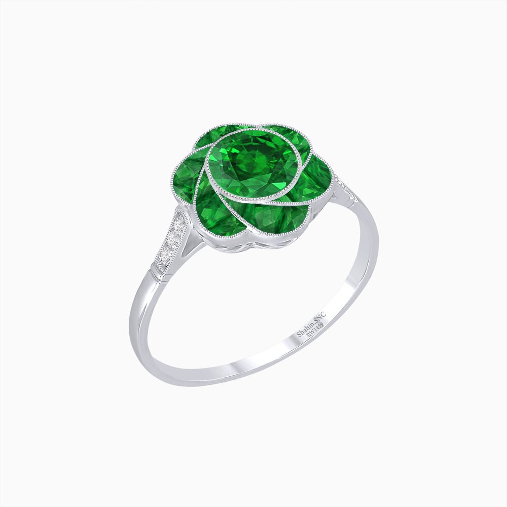 VVintage Inspired Floral Calibré-Cut Gemstone Petal Halo Ring - Shahin Jewelry